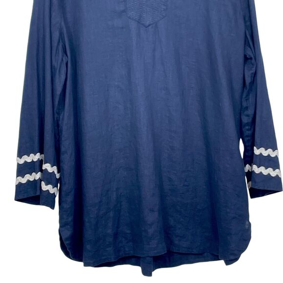 CHICO'S Rick Rack Trim Blouse Top Size 3 Size 16 Linen V-Neck Long Sleeve Navy - Picture 5 of 15
